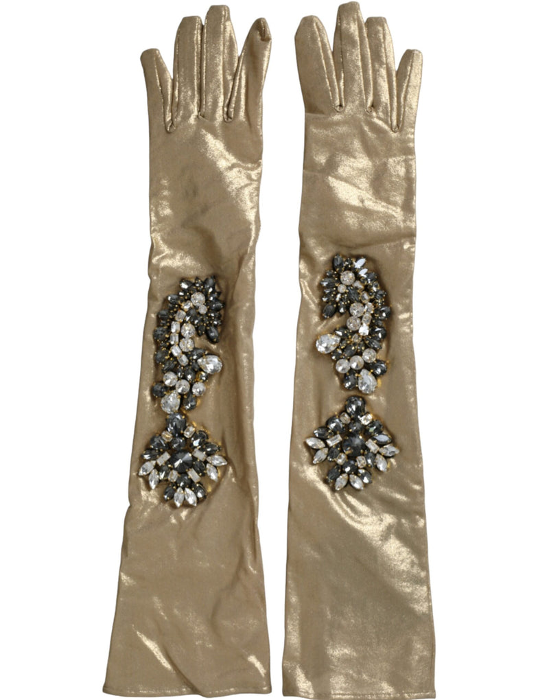 Dolce & Gabbana Gants Satin Beige Cristal Longueur Coude