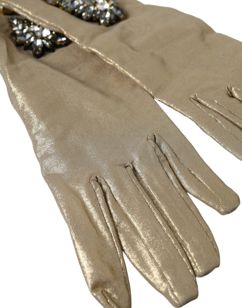 Dolce & Gabbana Gants Satin Beige Cristal Longueur Coude