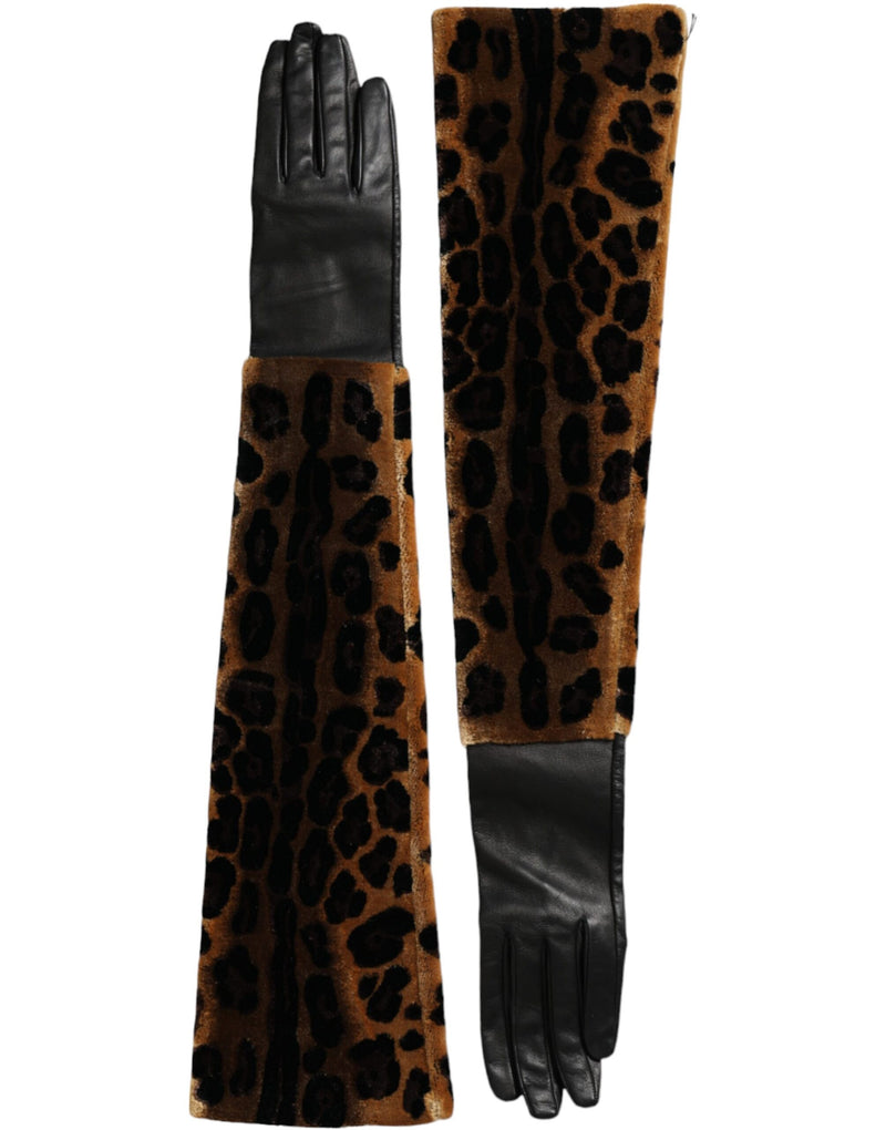 Dolce & Gabbana Gants en Cuir Léopard Noir et Marron Longs jusqu'au Coude