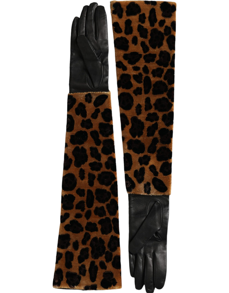 Dolce & Gabbana Gants en Cuir Léopard Noir et Marron Longs jusqu'au Coude