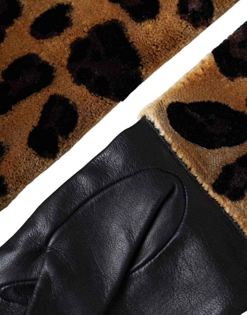 Dolce & Gabbana Gants en Cuir Léopard Noir et Marron Longs jusqu'au Coude