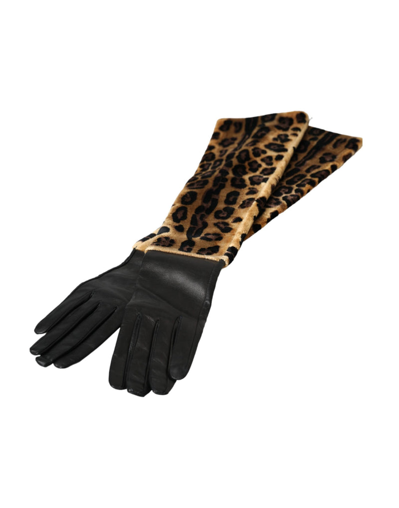 Dolce & Gabbana Gants en Cuir Léopard Noir et Marron Longs jusqu'au Coude