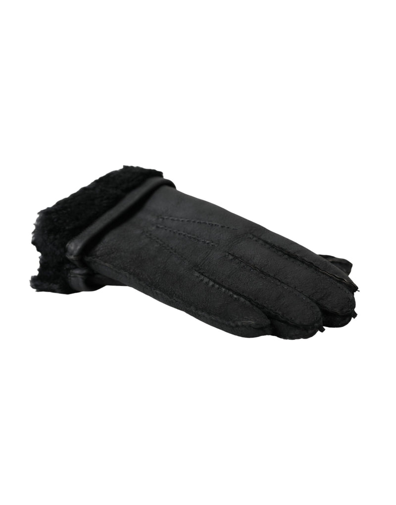 Gants courts en cuir et fourrure noirs Dolce & Gabbana