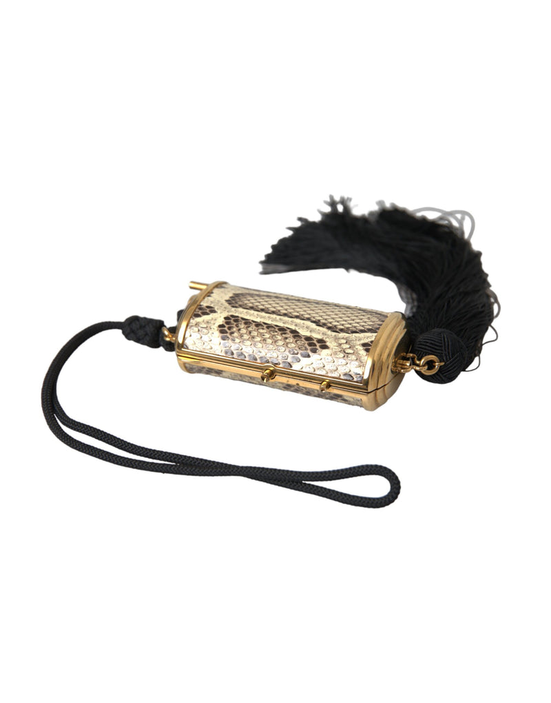 Dolce & Gabbana Beige Exotic Leather Mini Mirror Tassel Makeup Holder Bag