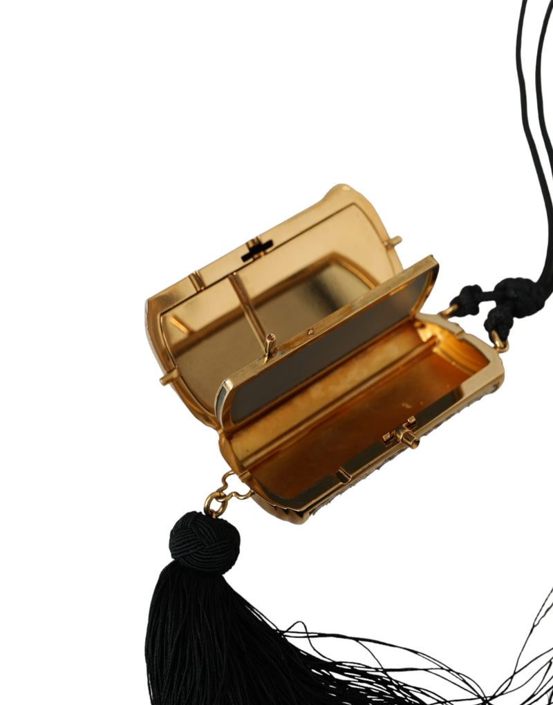 Dolce & Gabbana Beige Exotic Leather Mini Mirror Tassel Makeup Holder Bag