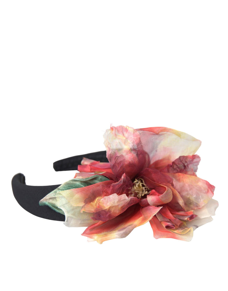Dolce & Gabbana Rose Pink Silk Floral Black Tiara Hairband