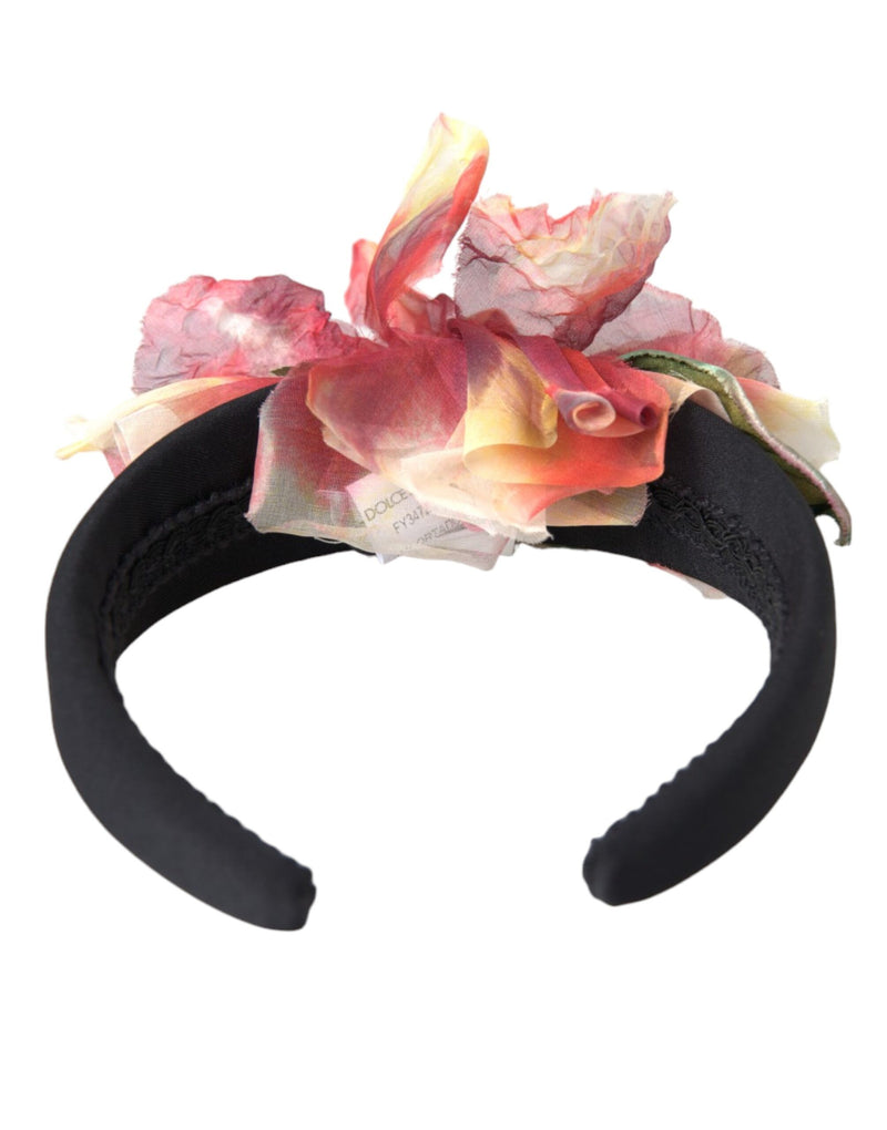 Dolce & Gabbana Rose Pink Silk Floral Black Tiara Hairband