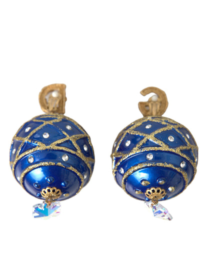 Dolce & Gabbana Gouden Messing Blauwe Hanger Kerstbal Kristal Clip-On Oorbellen
