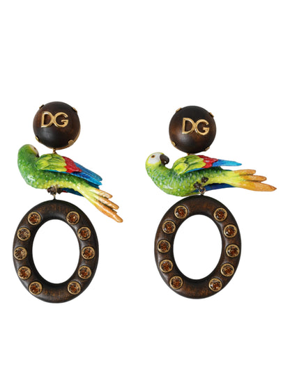 Dolce & Gabbana Multicolor Papegaai Houten Messing Kristal Versierde Oorbellen