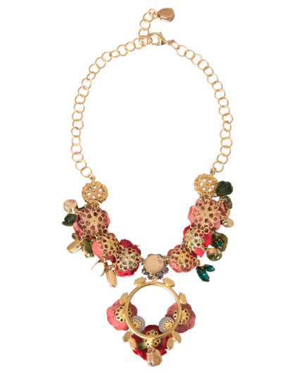 Dolce & Gabbana gouden messing schakelketting met rozenblaadjeskristallen hanger