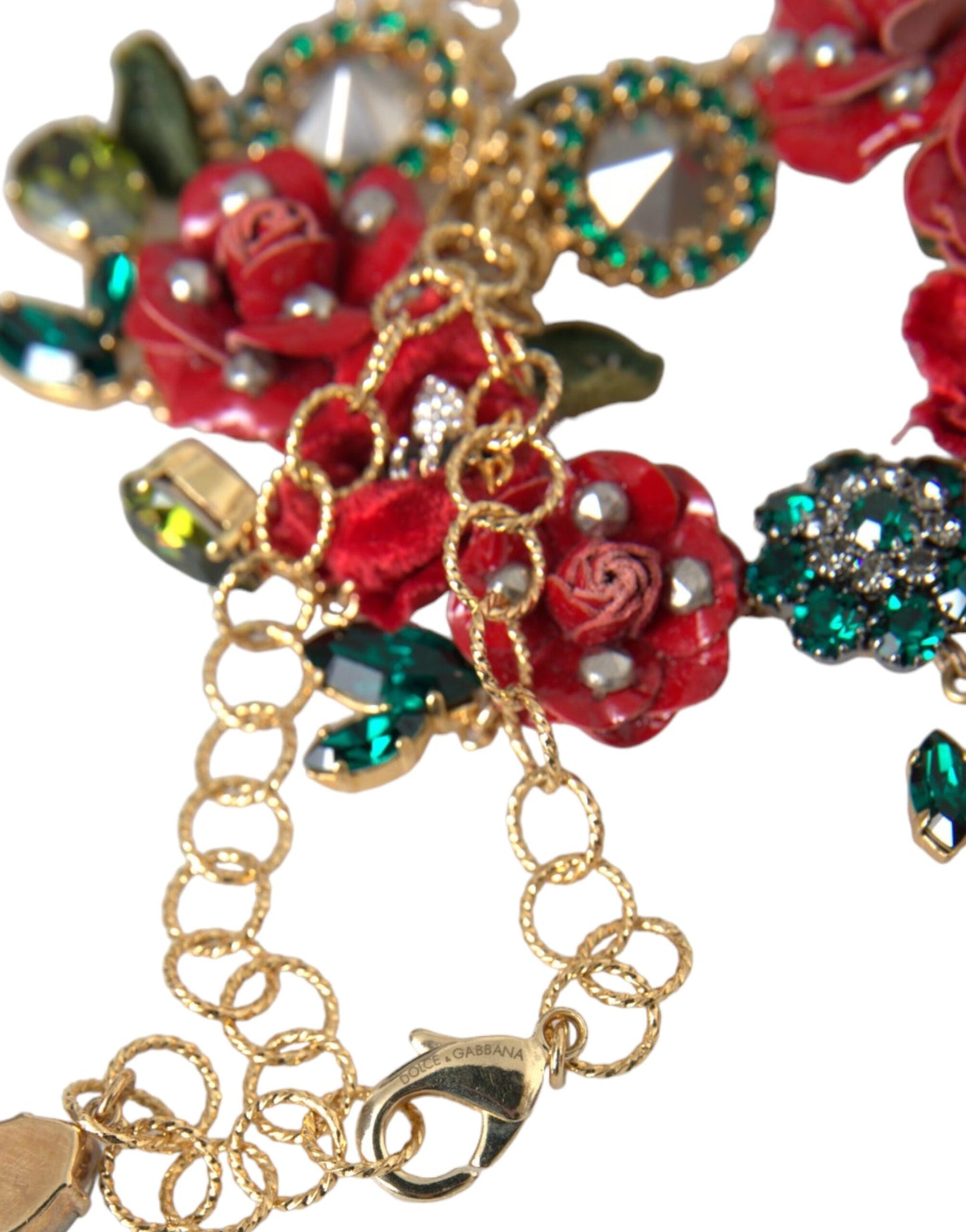 Dolce & Gabbana gouden messing schakelketting met rozenblaadjeskristallen hanger