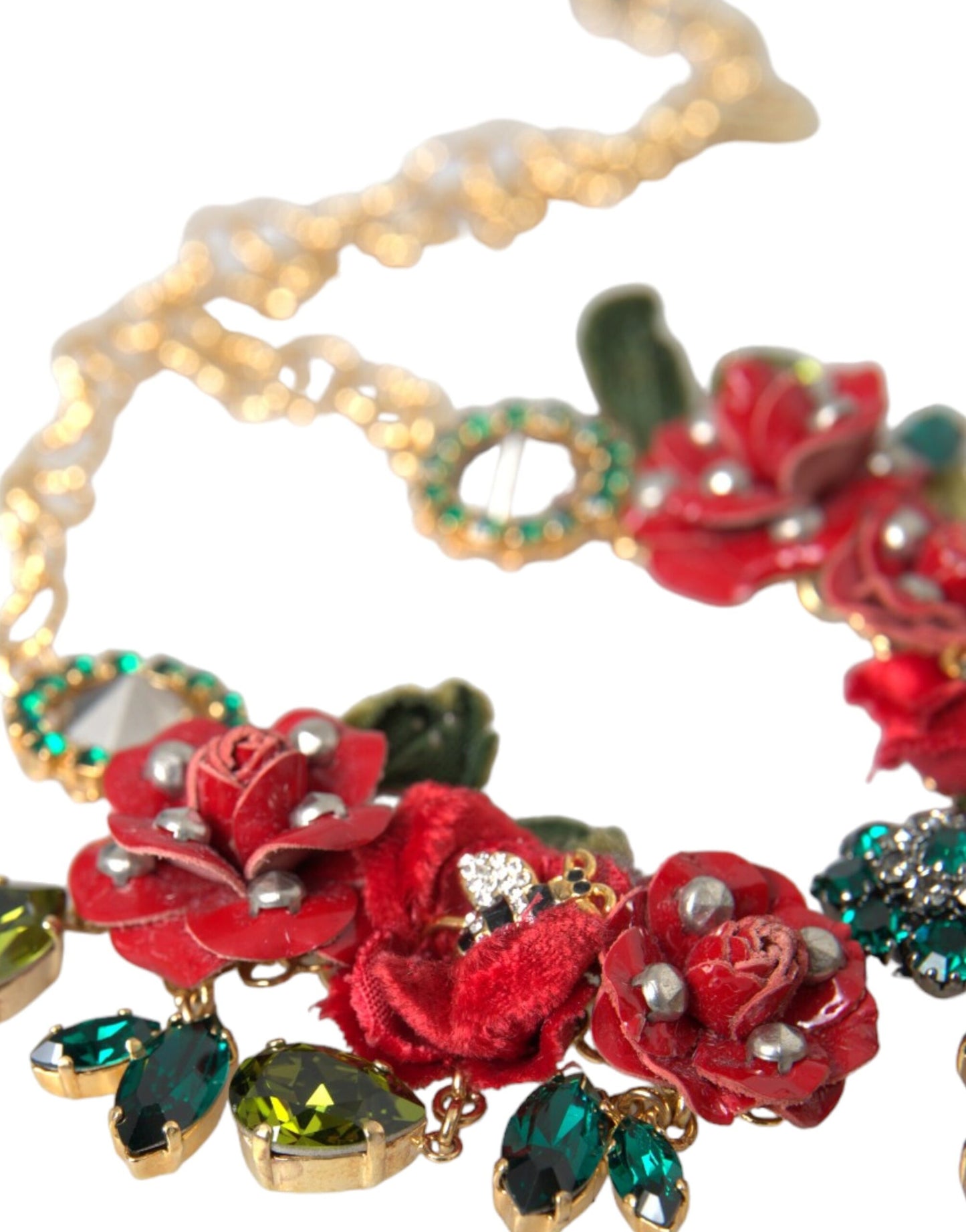 Dolce & Gabbana gouden messing schakelketting met rozenblaadjeskristallen hanger