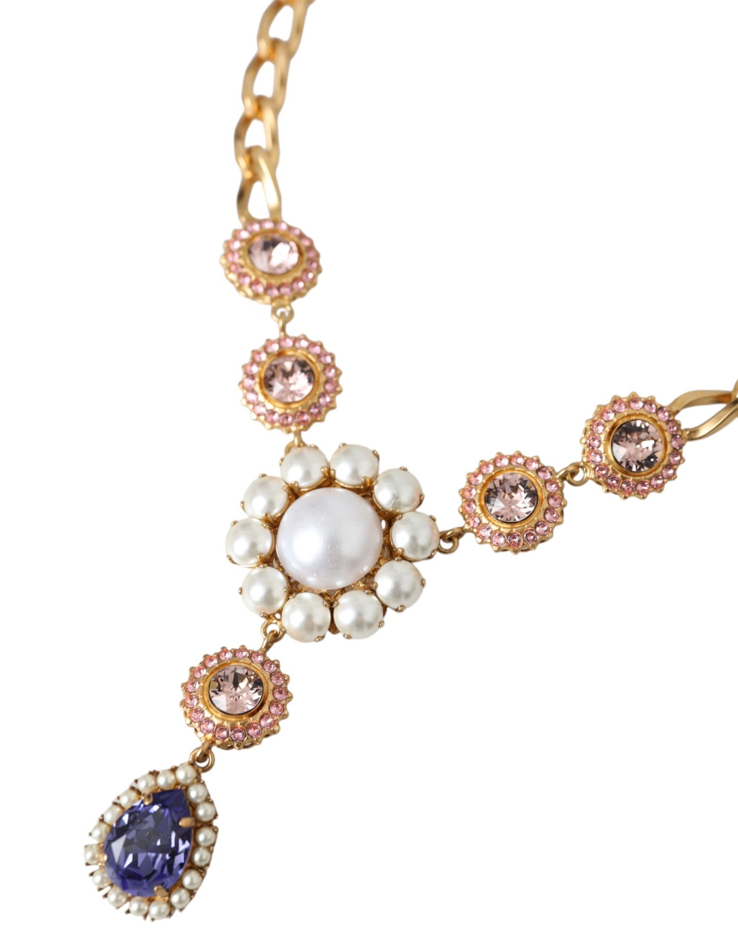 Dolce & Gabbana gouden messing kristal paarse roze parel hangers ketting