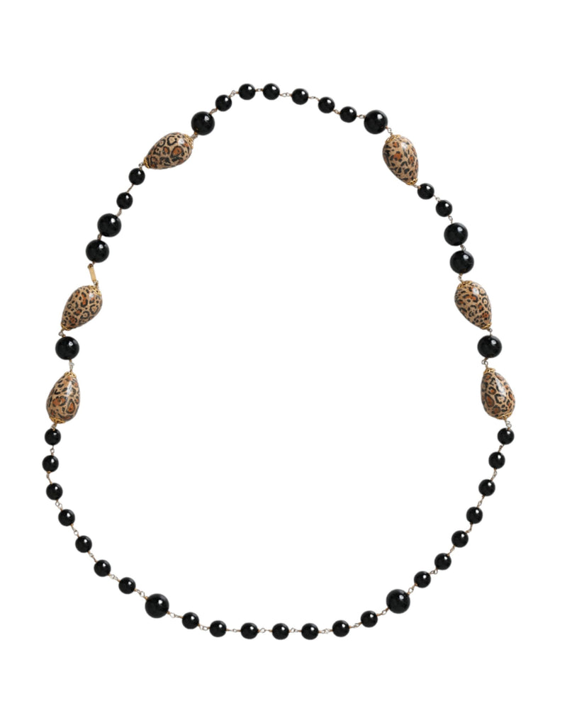 Collier Long en Chaîne à Perles Imprimées Noires en Laiton Doré Dolce & Gabbana