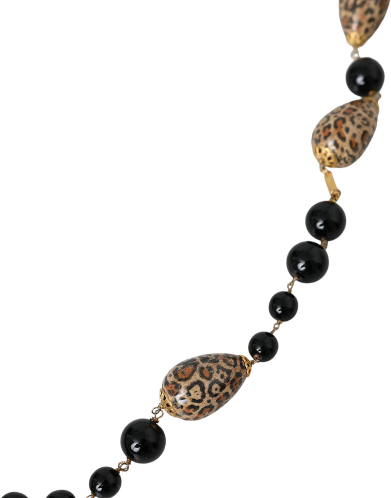 Collier Long en Chaîne à Perles Imprimées Noires en Laiton Doré Dolce & Gabbana