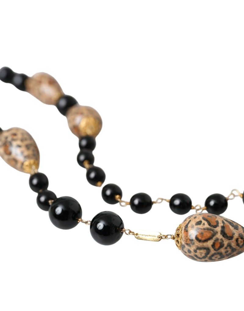 Collier Long en Chaîne à Perles Imprimées Noires en Laiton Doré Dolce & Gabbana