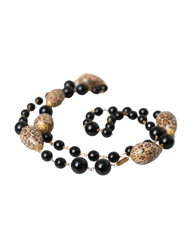 Collier Long en Chaîne à Perles Imprimées Noires en Laiton Doré Dolce & Gabbana