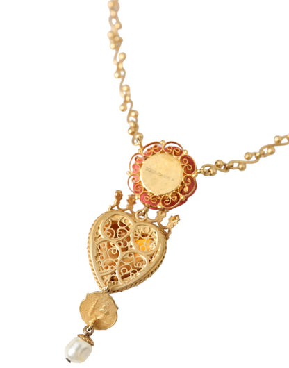 Dolce & Gabbana Gouden Messing Ketting Heilige Hart Roos Kristallen Bedel Ketting