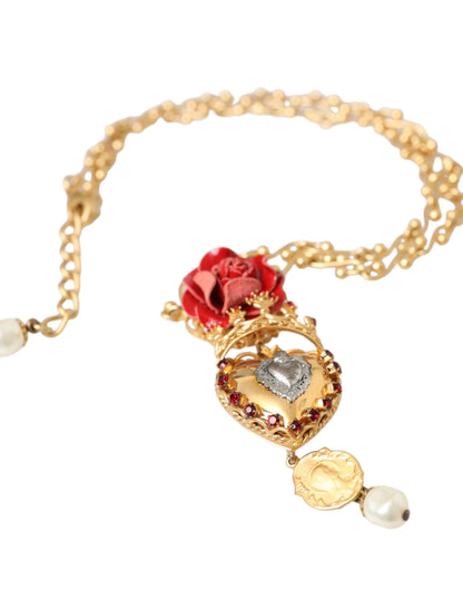 Dolce & Gabbana Gouden Messing Ketting Heilige Hart Roos Kristallen Bedel Ketting