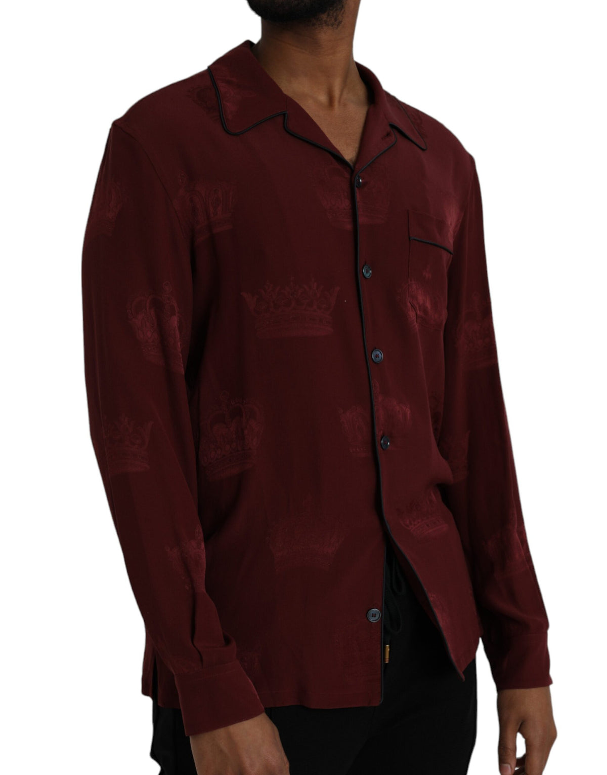 Chemise en soie à manches longues à jacquard marron avec couronne de Dolce &amp; Gabbana