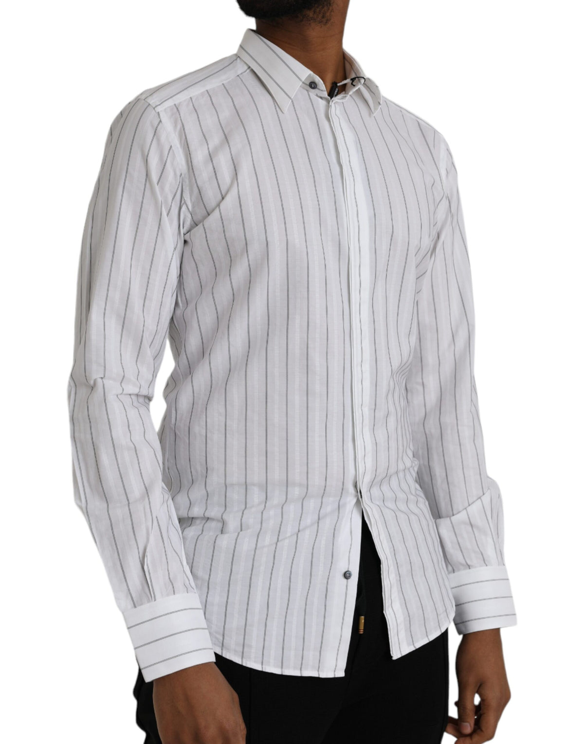 Robe habillée rayée noir et blanc Dolce &amp; Gabbana, chemise dorée.