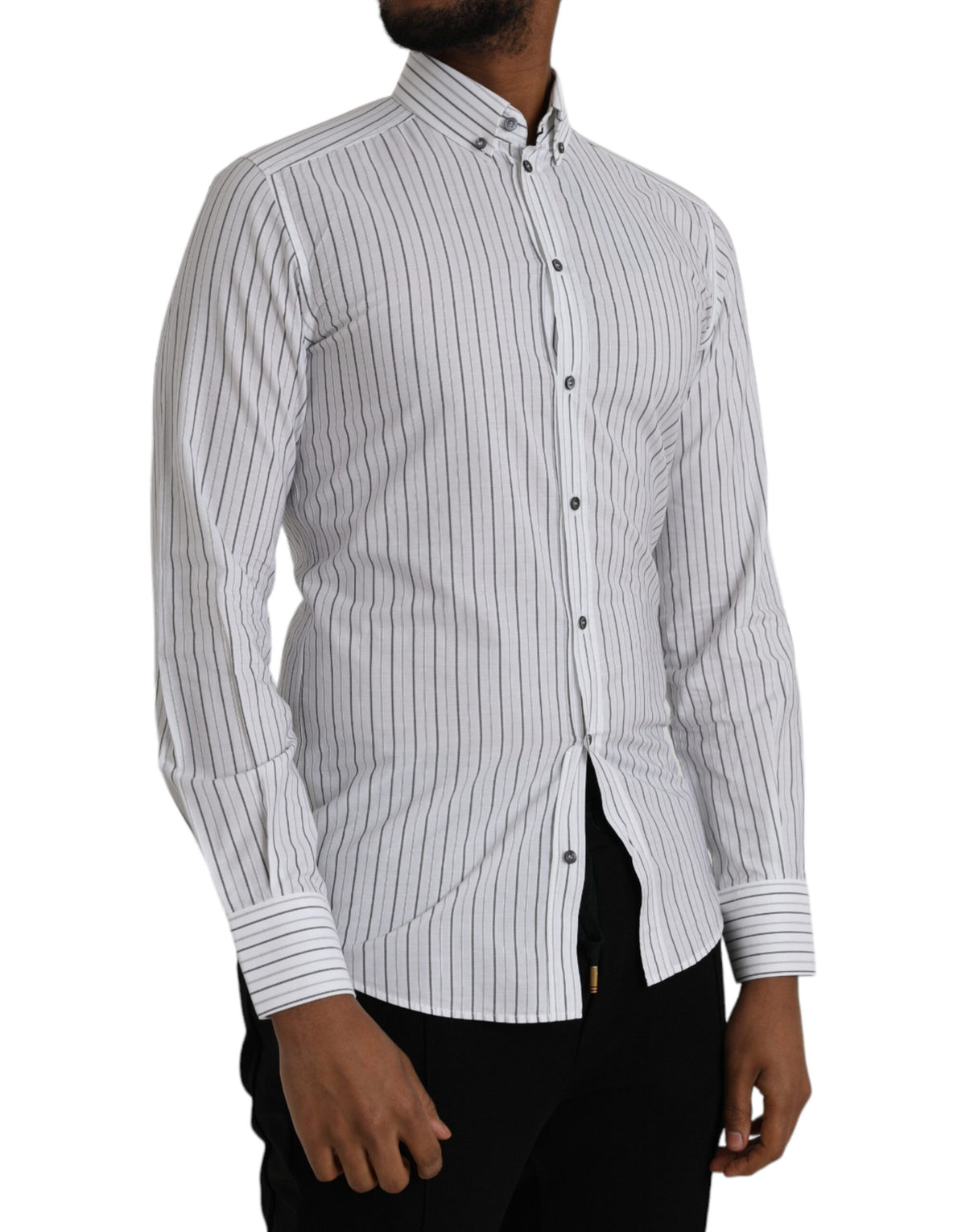 Robe habillée rayée noir et blanc Dolce &amp; Gabbana, chemise dorée.