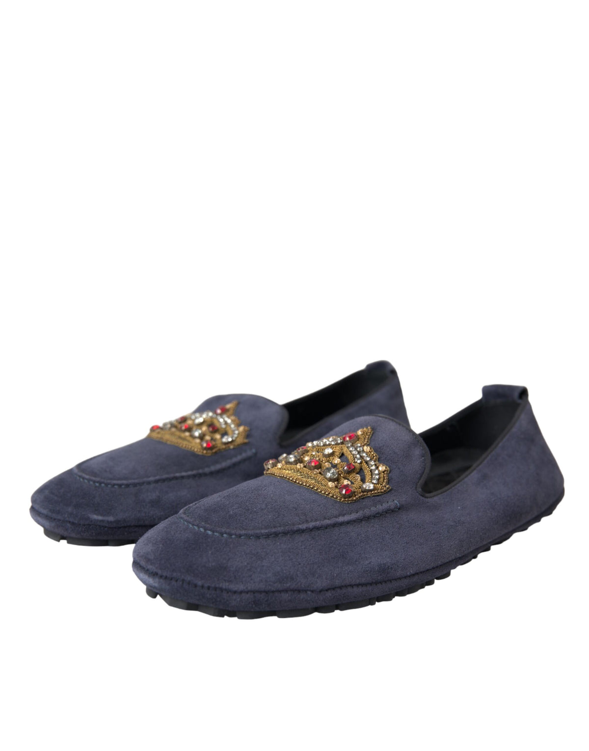 Dolce & Gabbana Blue Leather Suede Crystal Crown Loafers