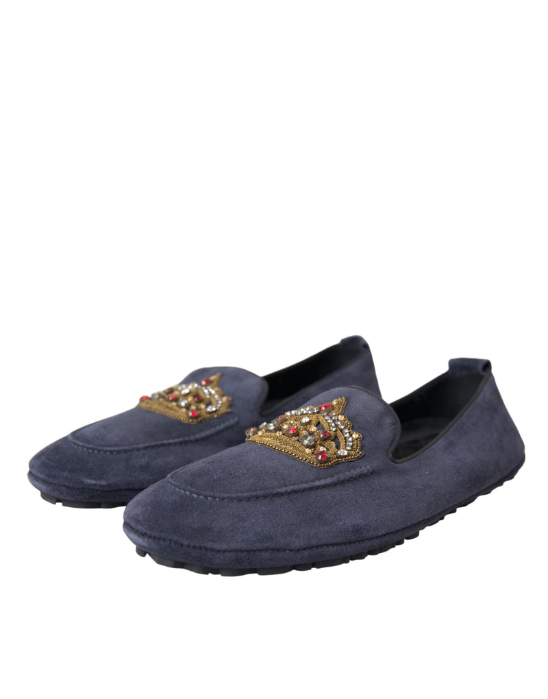 Dolce & Gabbana Blue Leather Suede Crystal Crown Loafers