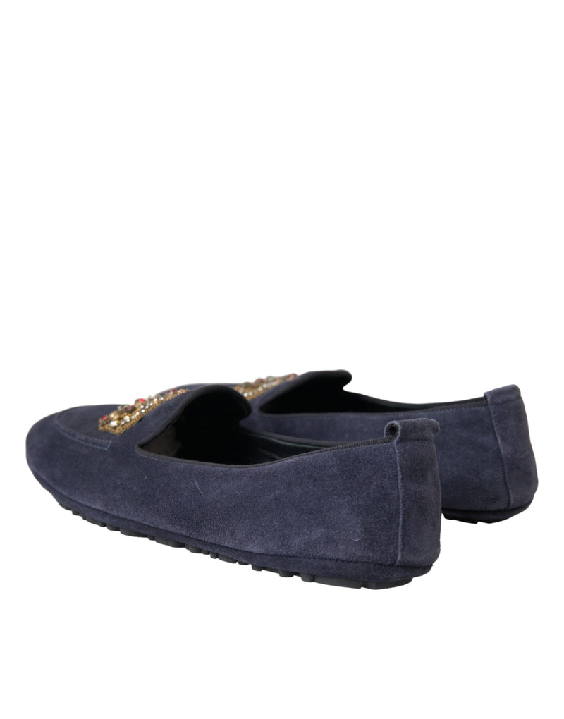 Dolce & Gabbana Blue Leather Suede Crystal Crown Loafers