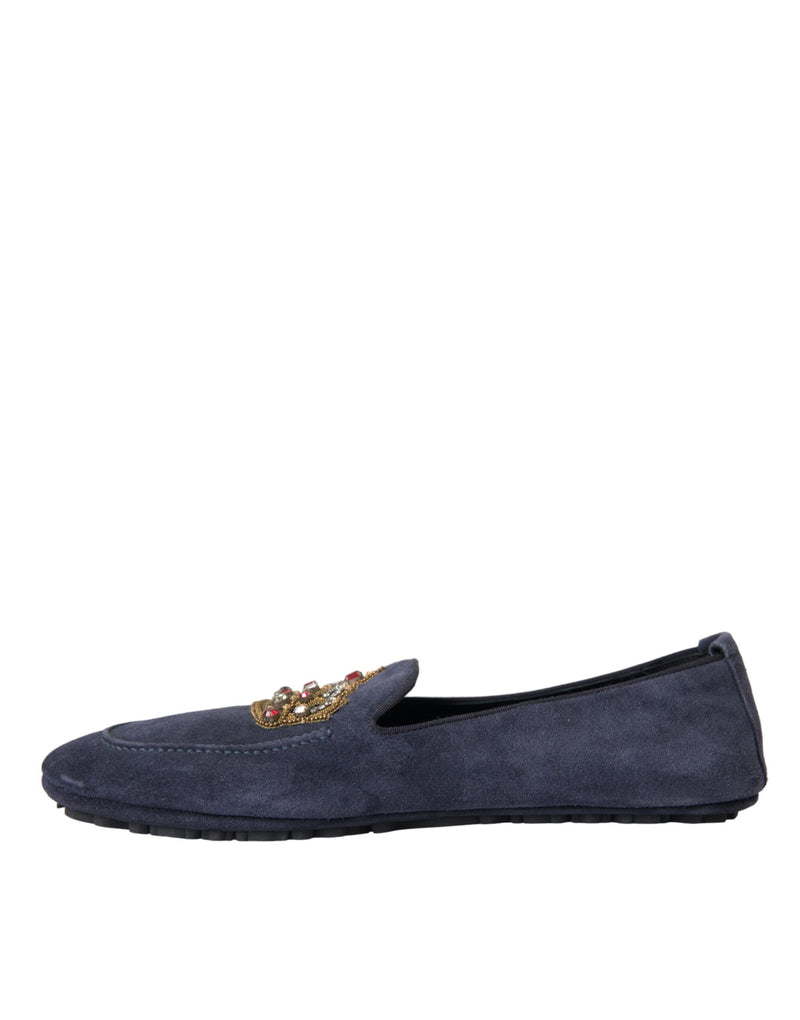 Dolce & Gabbana Blue Leather Suede Crystal Crown Loafers