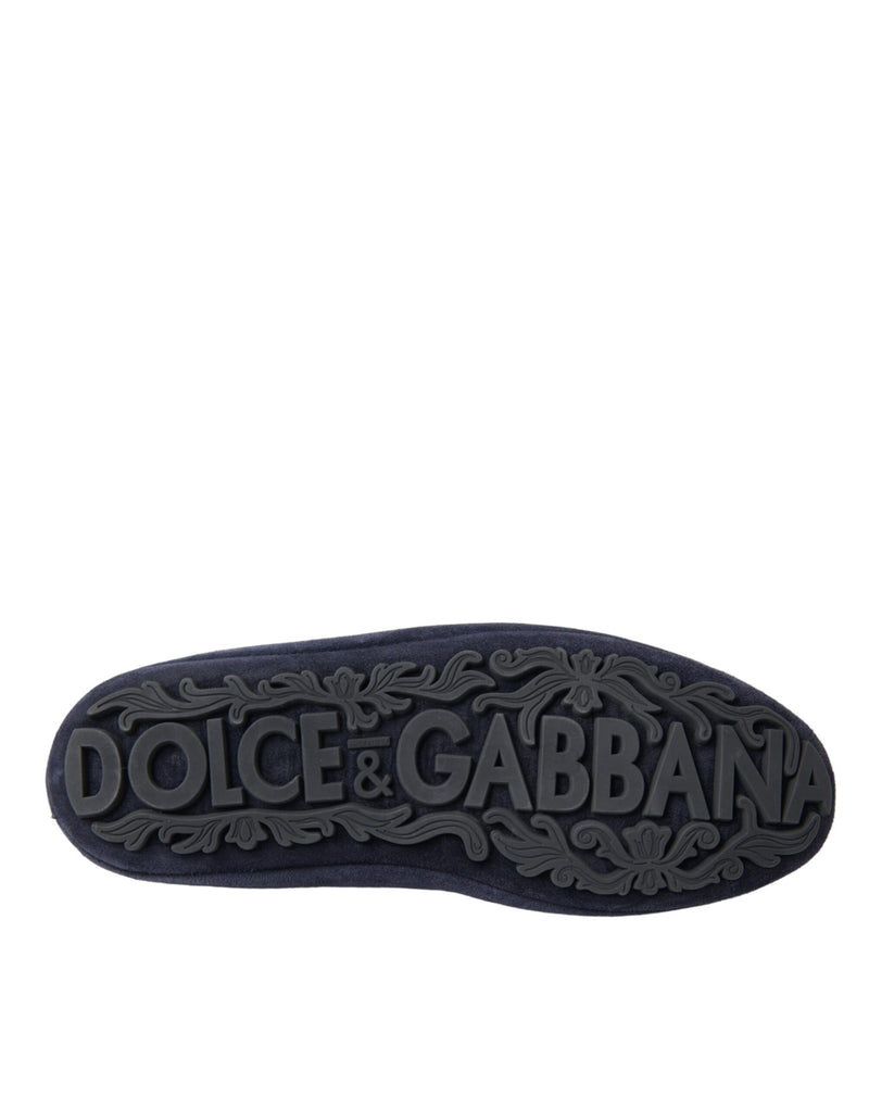 Dolce & Gabbana Blue Leather Suede Crystal Crown Loafers