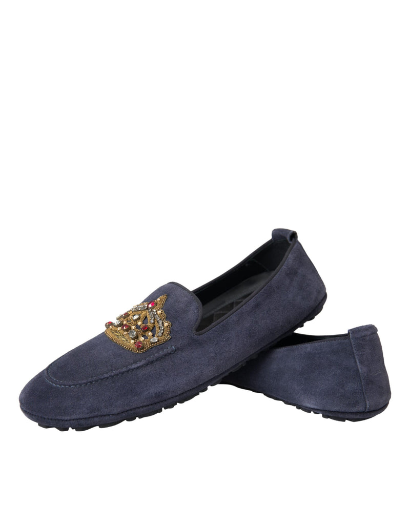 Dolce & Gabbana Blue Leather Suede Crystal Crown Loafers