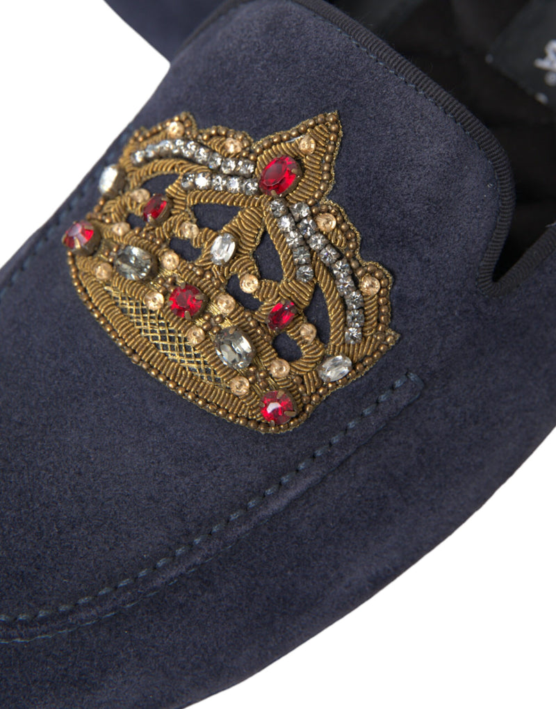 Dolce & Gabbana Blue Leather Suede Crystal Crown Loafers