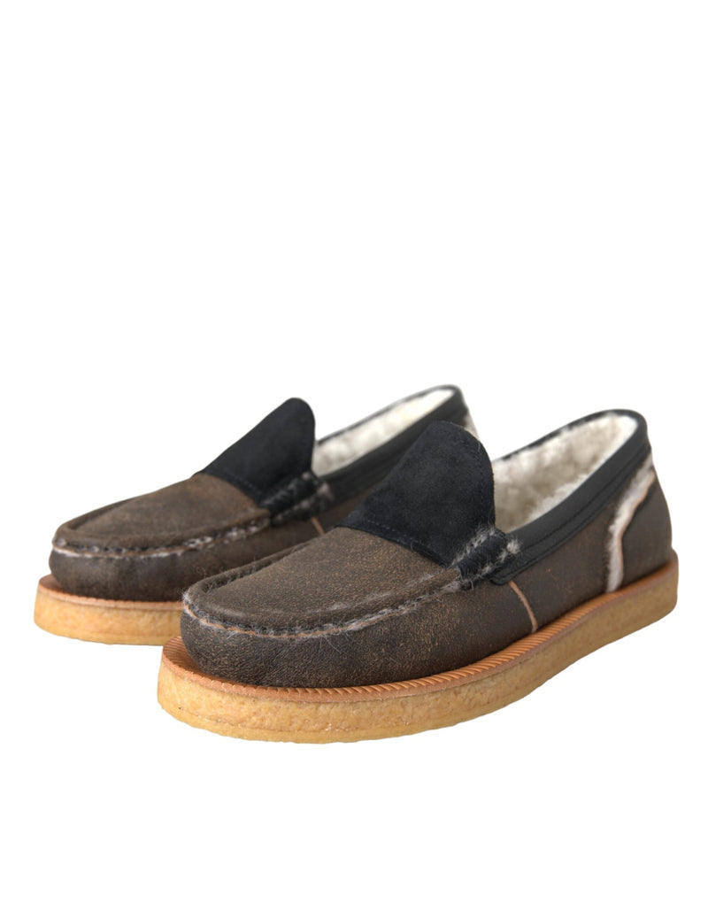 Dolce & Gabbana Brown Black Fur Leather Loafers for Men