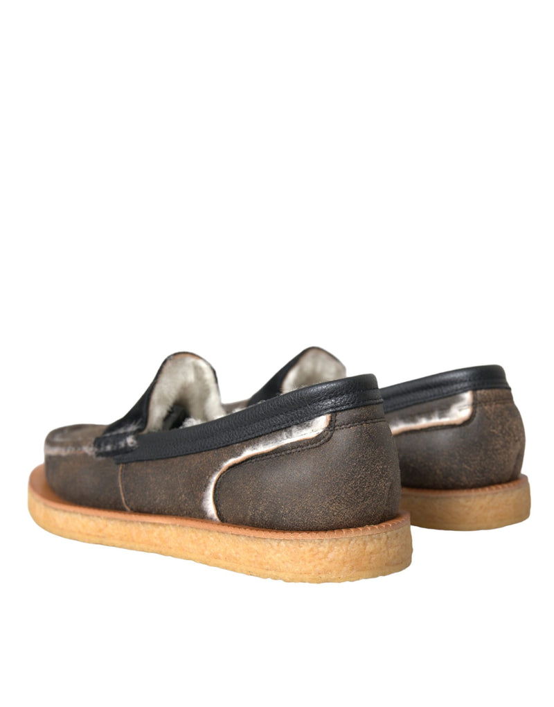 Dolce & Gabbana Brown Black Fur Leather Loafers for Men