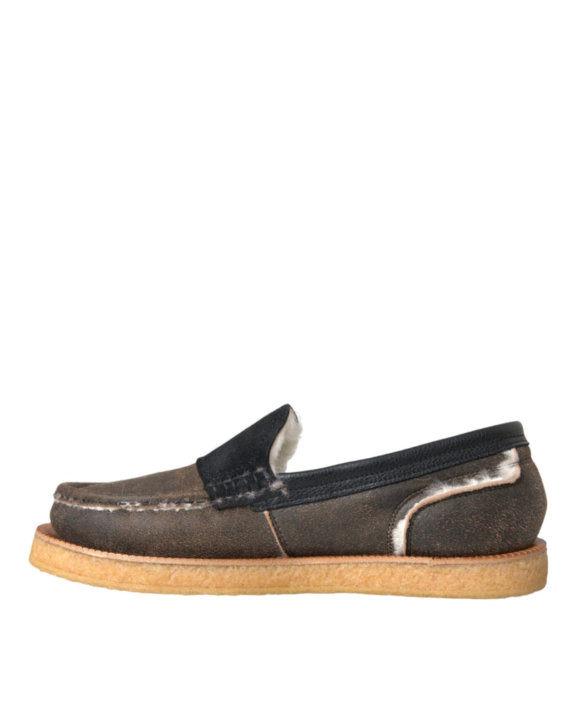 Dolce & Gabbana Brown Black Fur Leather Loafers for Men
