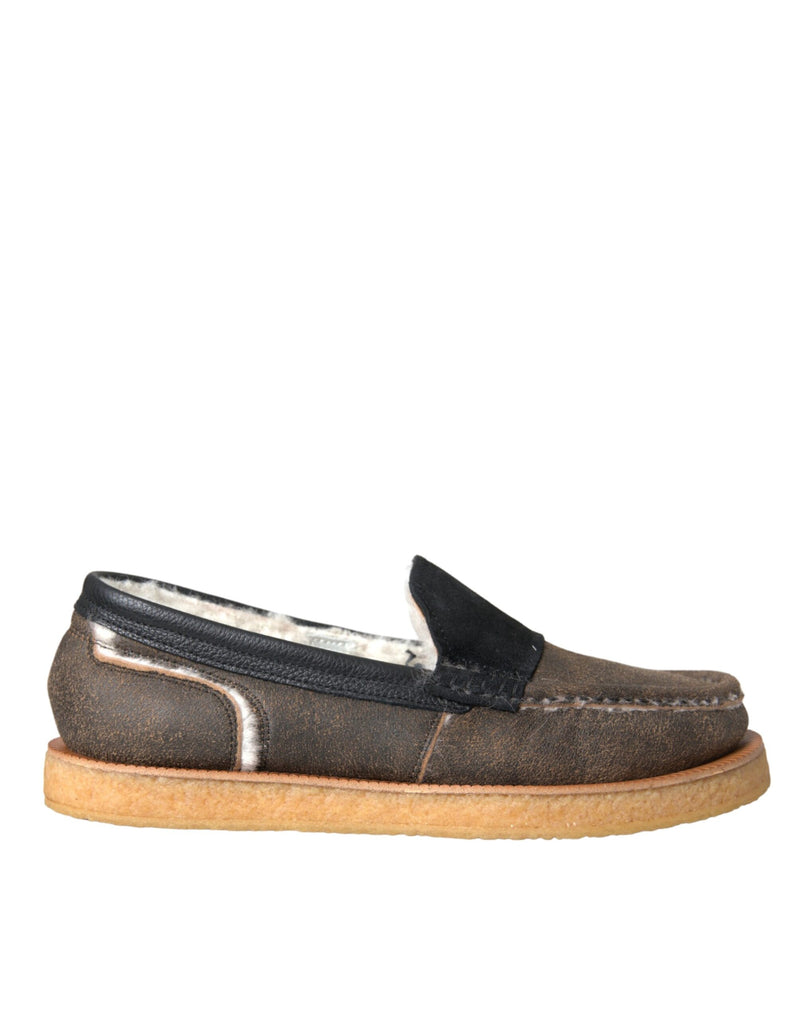 Dolce & Gabbana Brown Black Fur Leather Loafers for Men