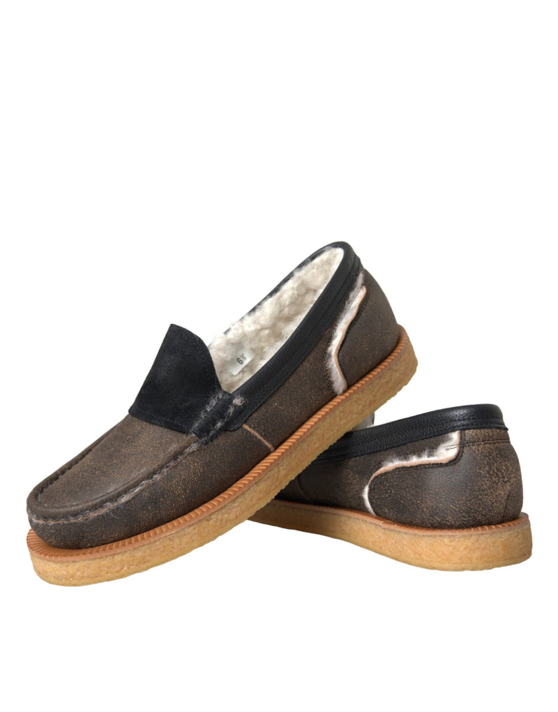 Dolce & Gabbana Brown Black Fur Leather Loafers for Men