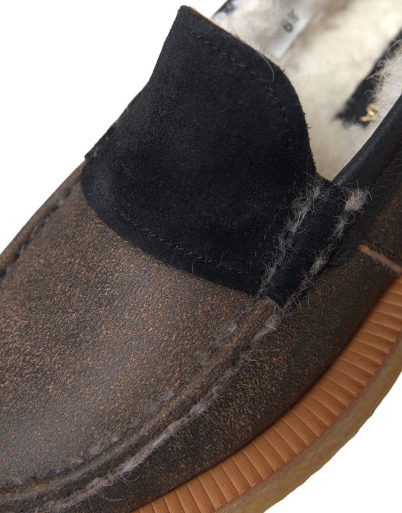 Dolce & Gabbana Brown Black Fur Leather Loafers for Men