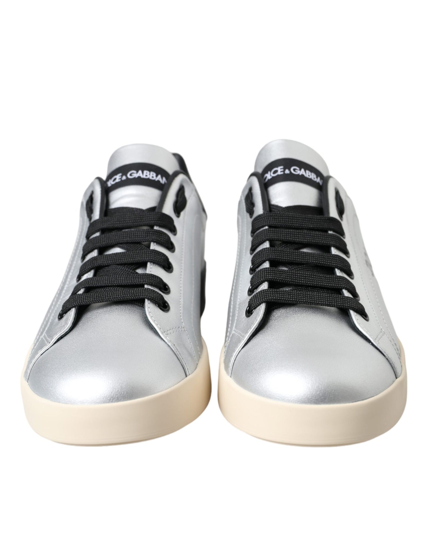 Sneakers en cuir de veau argenté Portofino de Dolce & Gabbana, chaussures homme.