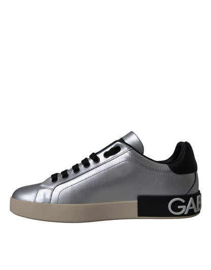 Sneakers en cuir de veau argenté Portofino de Dolce & Gabbana, chaussures homme.