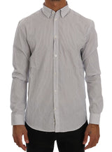 Chemise Frankie Morello blanche à rayures bleues, coupe classique, en coton décontracté.