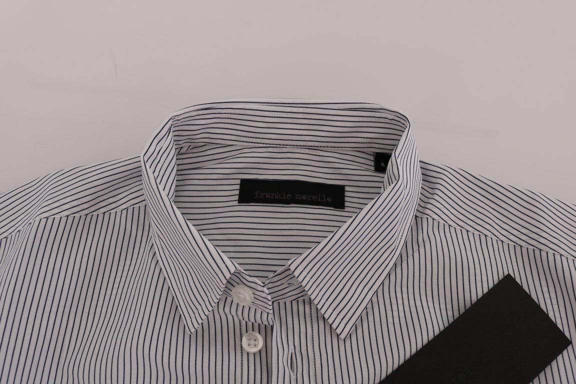 Chemise Frankie Morello blanche à rayures bleues, coupe classique, en coton décontracté.