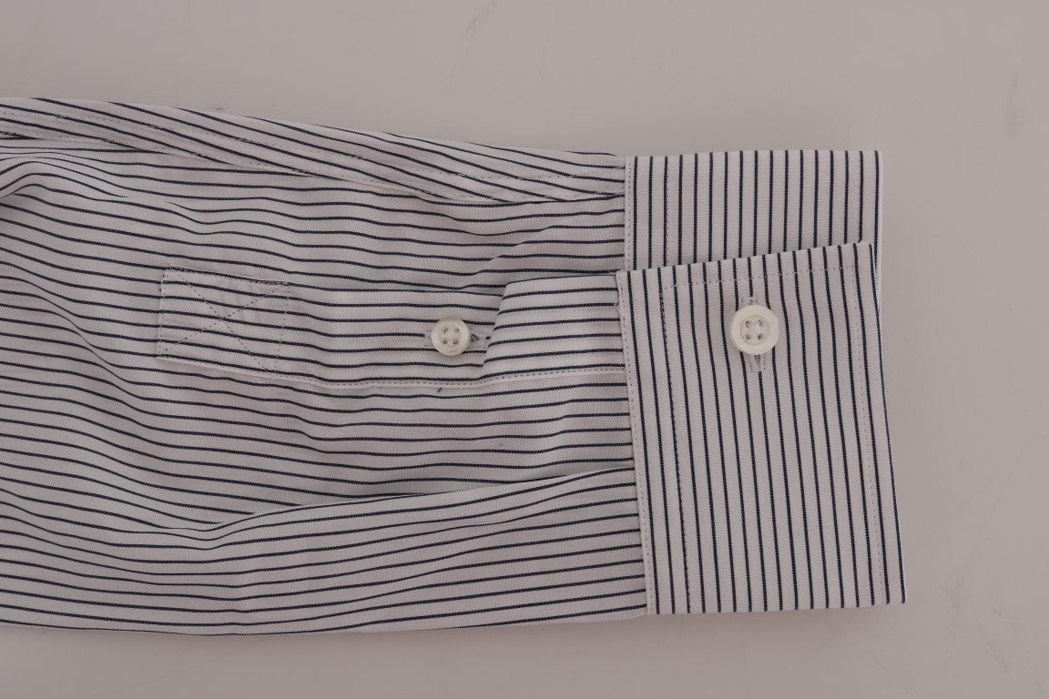 Chemise Frankie Morello blanche à rayures bleues, coupe classique, en coton décontracté.