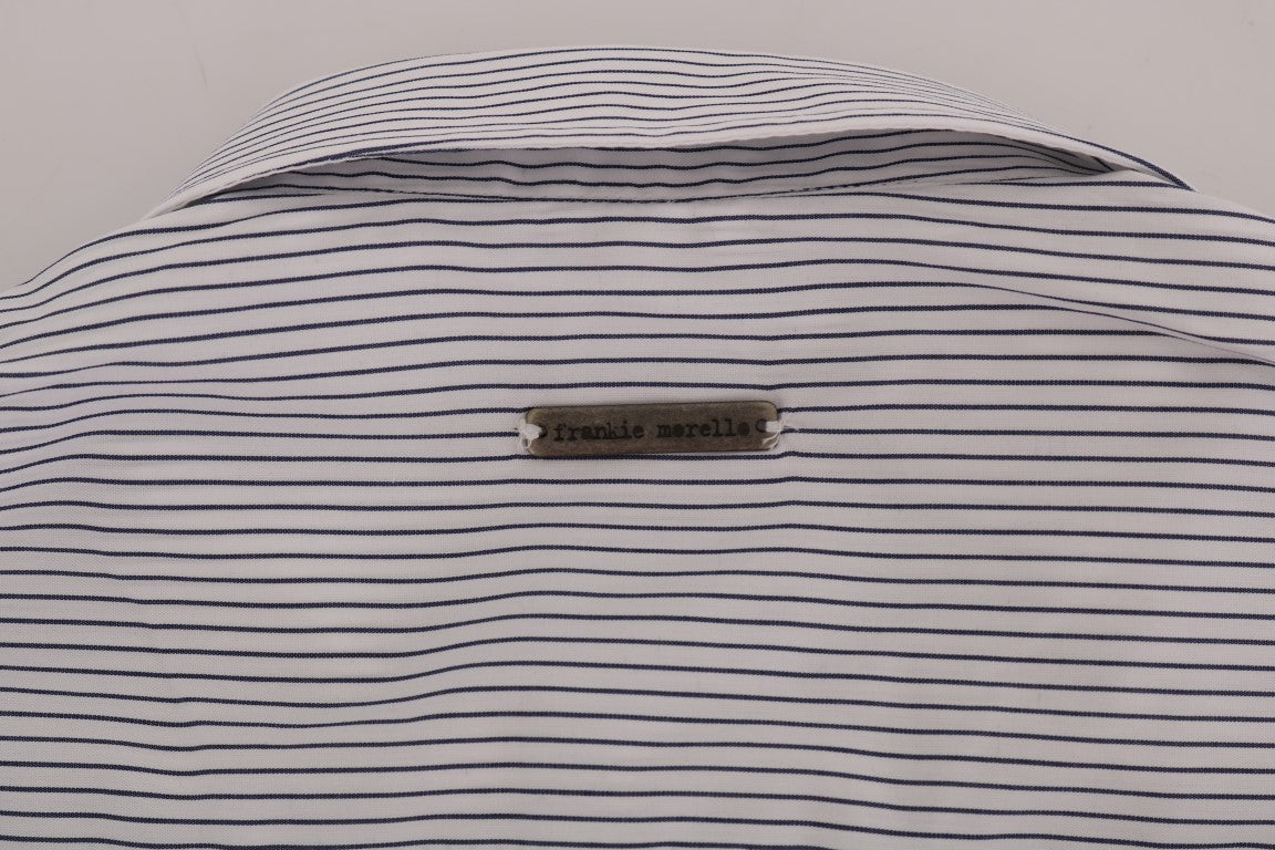 Chemise Frankie Morello blanche à rayures bleues, coupe classique, en coton décontracté.