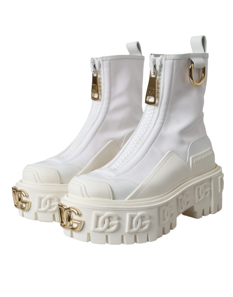 Dolce & Gabbana White Leather Rubber Logo Ankle Boots