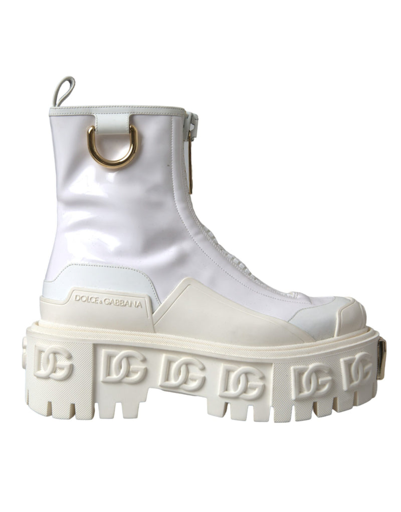 Dolce & Gabbana White Leather Rubber Logo Ankle Boots