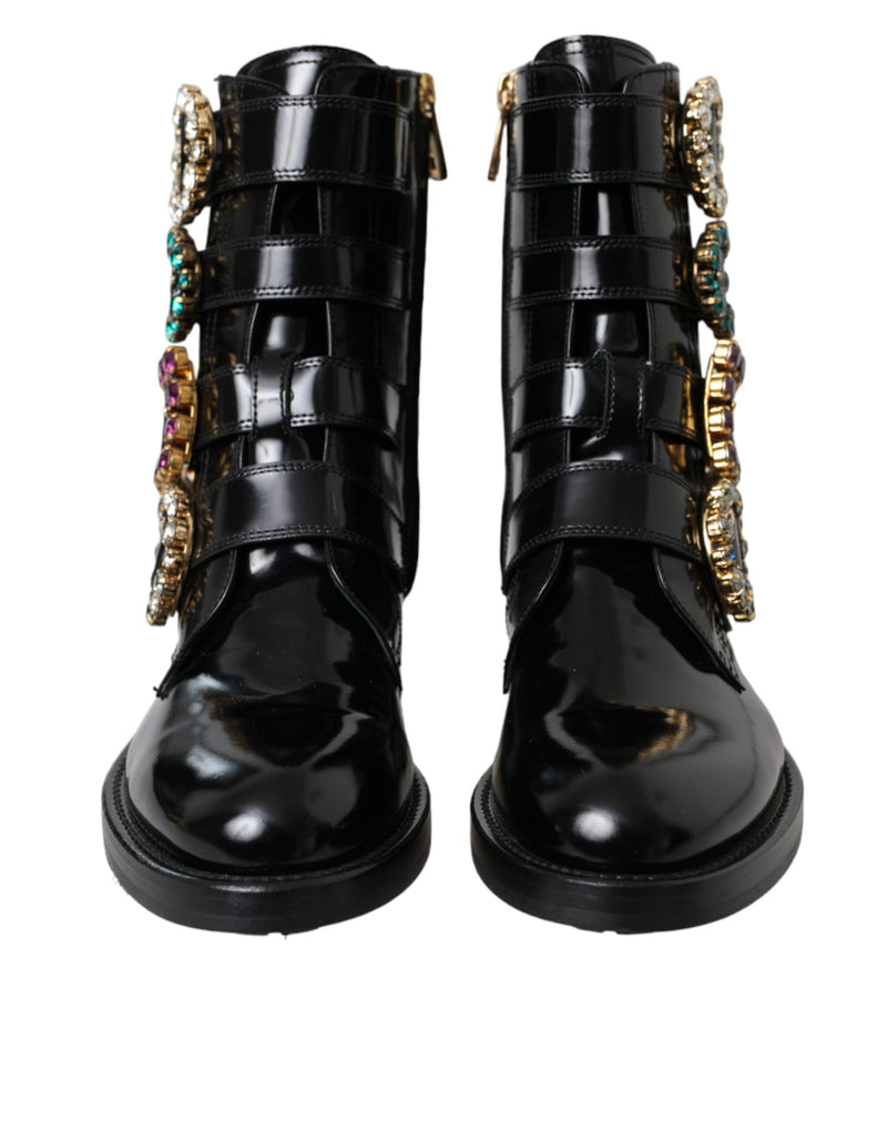 Dolce & Gabbana Bottes en Cuir Noir avec Boucles en Cristal