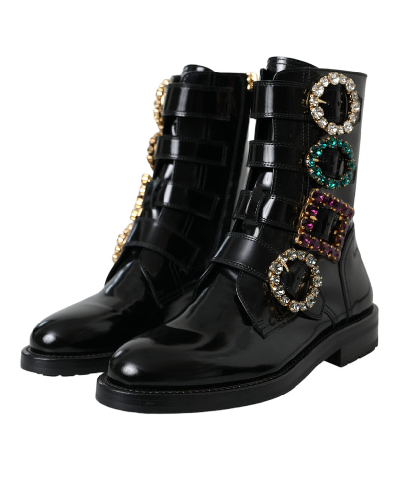 Dolce & Gabbana Bottes en Cuir Noir avec Boucles en Cristal