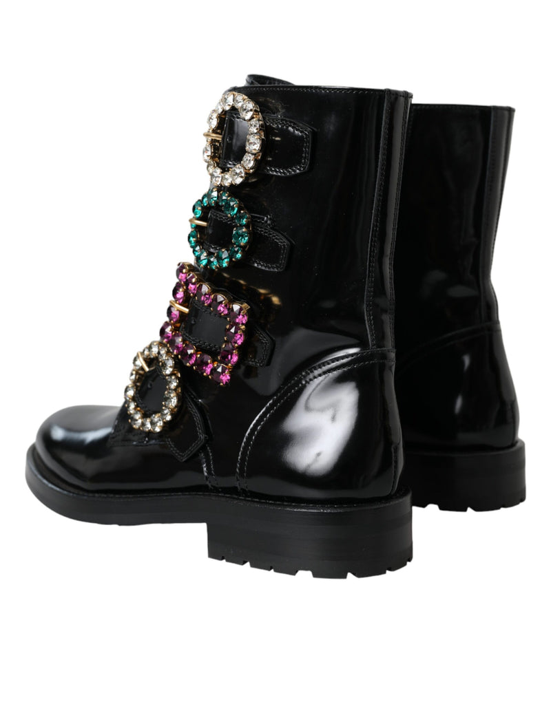 Dolce & Gabbana Bottes en Cuir Noir avec Boucles en Cristal